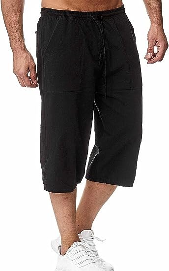 Men's Long Linen Knee Pocketed 3/4 Summer Drawstring Capri Pant