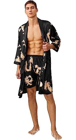 Men's Silk Bathrobes Long Sleeve Satin Kimono Robe with Shorts  Pajamas Set